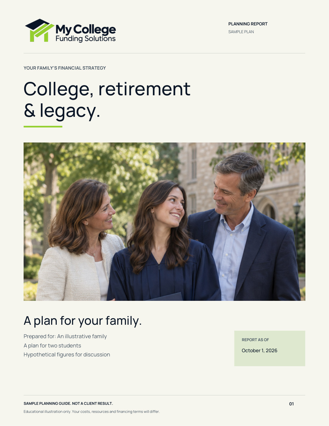 College, retirement and legacy planning guide for an illustrative family with two students.